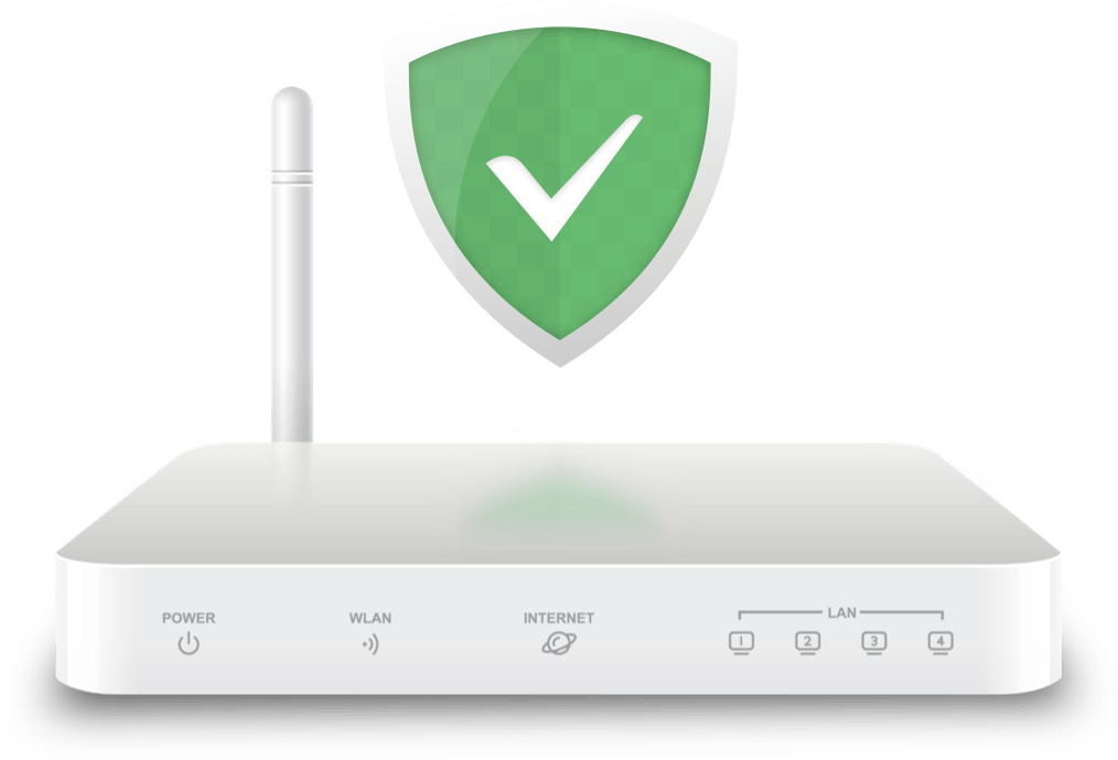 An illustration of a home router carrying the AdGuard shield, representing network-level DNS filtering